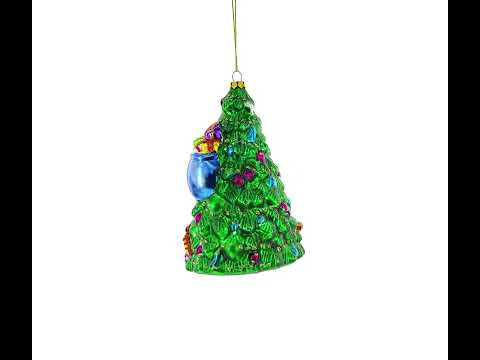 Jolly Santa by Tree Blown Glass Christmas Ornament