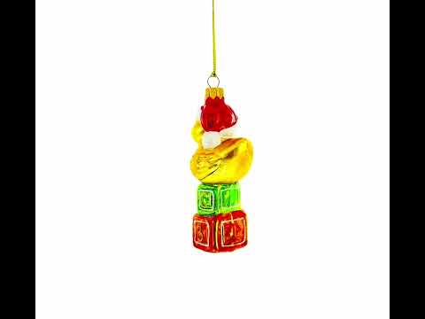 Adorno navideño de cristal con forma de pato amarillo en bloques de letras