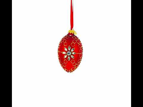 Diamond Star on Red Glass Egg Christmas Ornament 4 Inches