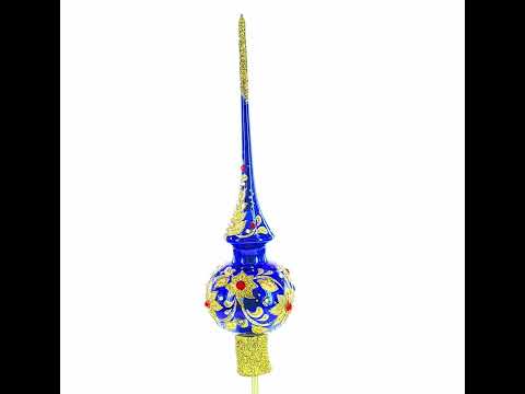 Royal Blue and Gold Floral Majesty Glass Christmas Tree Topper 11 Inches