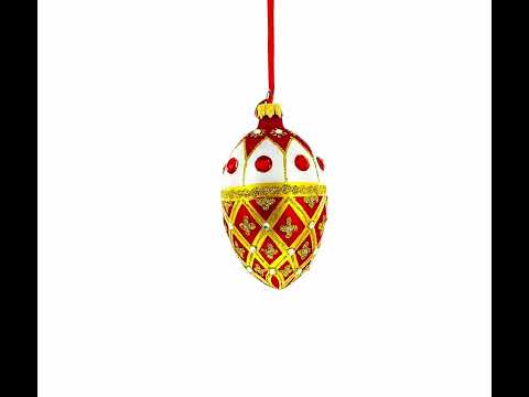 Jeweled Gold Trellis on Red and White Glass Egg Christmas Ornament 4 Inches