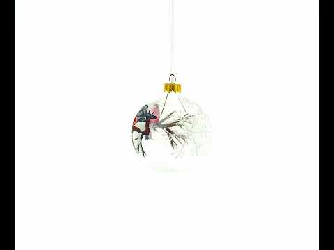 Birds on a Snowy Branch Blown Glass Ball Christmas Ornament 3.25 Inches