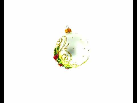 Embossed Roses Bouquet on Pristine White Blown Glass Ball Christmas Ornament 3.25 Inches