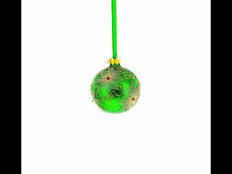 Dazzling Jeweled Snowflakes on Green Glass Ball Christmas Ornament 3.25 Inches