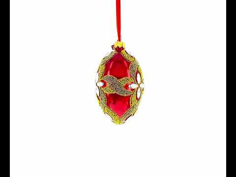 Diamond Star on Red Glass Egg Ornament 4 Inches