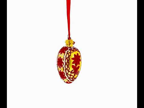 Cream with Red Floral and Lace Accents Mini Glass Egg Ornament 2.9 Inches