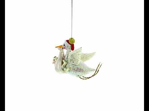 Charming Stork Carrying Baby Blown Glass Christmas Ornament