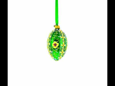 Gold Crosses on Green Ukrainian Glass Egg Ornament 4 Inches