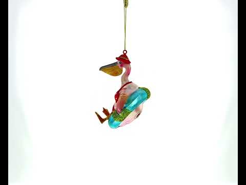 Laid-back Pelican on Inflatable Ring Blown Glass Christmas Ornament