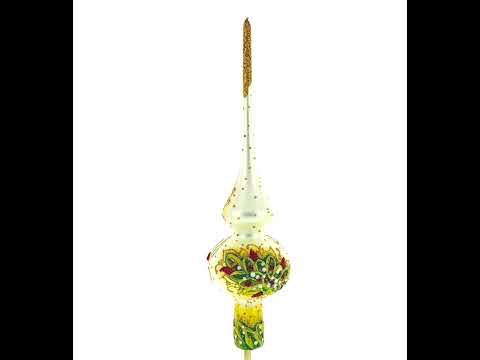 Dimensional Roses Bouquet on White Mouth Blown Glass Christmas Tree Topper 11 Inches