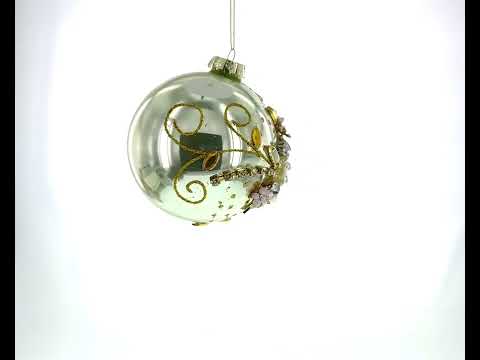 Exquisite Jeweled Flowers Adorning Blown Glass Ball Christmas Ornament