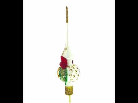 Bow and Bells on White Mouth Blown Glass Christmas Tree Topper 11 Inches