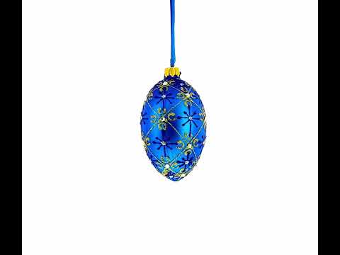 Jeweled Trellis On Blue Glass Egg Ornament 4 Inches