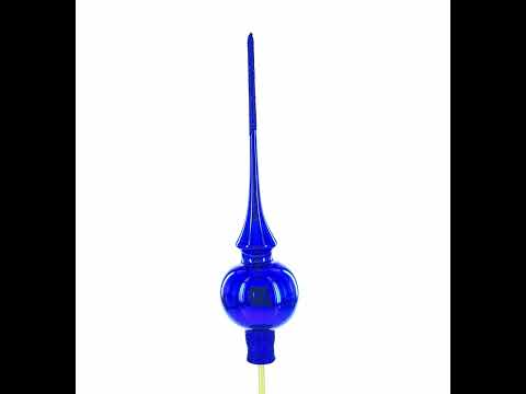 Glossy Blue with Sparkling Top Mouth Blown Glass Christmas Tree Topper 11 Inches