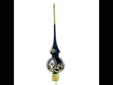 Elegant Black and Gold Filigree Design Glass Christmas Tree Topper 11 Inches