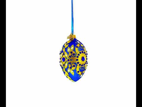 Golden Leaves on Blue Glass Egg Christmas Ornament 4 Inches