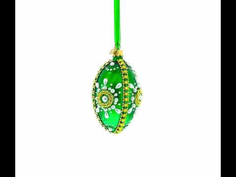 White Pearls on Green Glass Egg Christmas Ornament 4 Inches