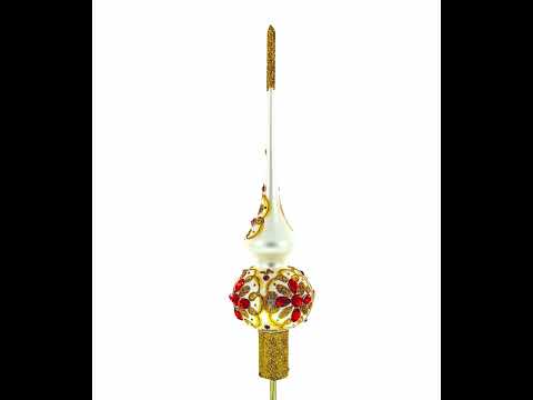 Red Jeweled Stars on Gold Pattern on White Mouth Blown Glass Christmas Tree Topper 11 Inches