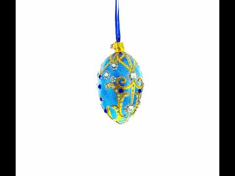 Jewels and Golden Scrolls on Glitter Blue Glass Egg Christmas Ornament 4 Inches