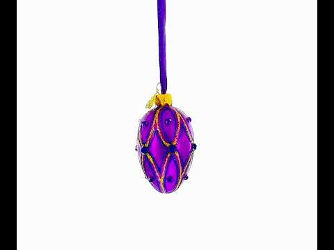 Vibrant Purple with Blue and Gold Glitter Gem Accents Mini Glass Egg Ornament 2.9 Inches