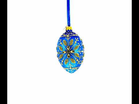 Golden Snowflake on Blue Glass Egg Ornament 4 Inches