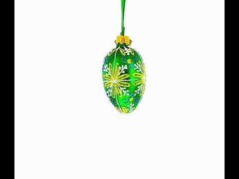 Emerald Green with Blue and Yellow Swirl Floral Mini Glass Egg Ornament 2.9 Inches