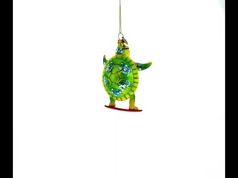 Cool Turtle Surfing Blown Glass Christmas Ornament