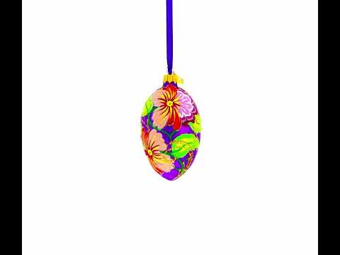 Flowers on Purple Glass Egg Ornament 4 Inches