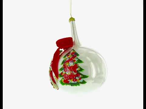 Santa by Tree with Red Bow Blown Glass Ball Christmas Ornament 7 Inches