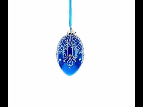 Jeweled Blue Glossy Royal Inspired Glass Egg Ornament 4 Inches