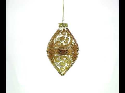 Gold Scroll with Jewel Accents Elegant Rhombus Finial Blown Glass Christmas Ornament