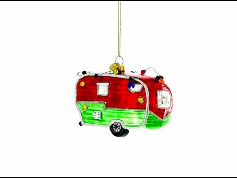 Festive Camper Trailer with Lights Glass Christmas Ornament