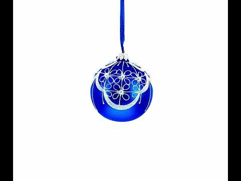 White Flowers Blossoming on a Tranquil Azure Blue Blown Glass Ball Christmas Ornament 3.25 Inches