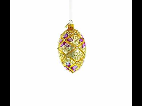 Purple Flowers on Golden Scroll Glass Egg Christmas Ornament 4 Inches