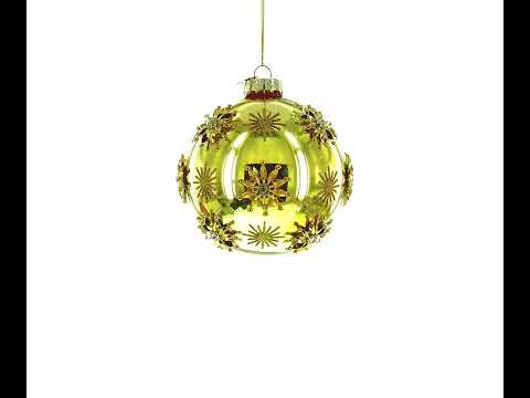 Jeweled Snowflakes Adorning a Golden Glossy Blown Glass Ball Christmas Ornament