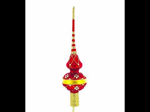 Dimensional White Diamond Trellis on Red Mouth Blown Glass Christmas Tree Topper 11 Inches