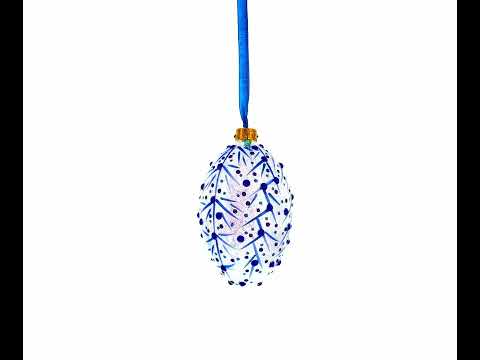 Blue Branches Glass Egg Christmas Ornament 4 Inches