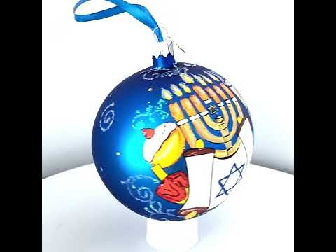 Symbolic Celebration: Menorah and Jewish Symbols Blown Glass Ball Ornament 4 Inches