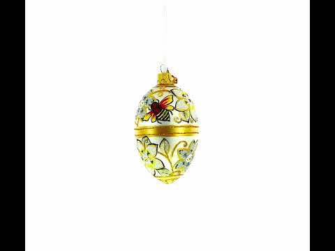 Bee On Flowers Glass Egg Ornament 4 Inches