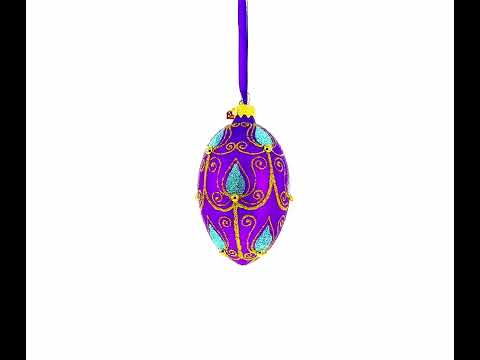 Blue Leaf on Purple Glass Egg Ornament 4 Inches