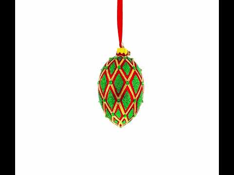 Jeweled Green IKAT on Red Glass Egg Christmas Ornament 4 Inches