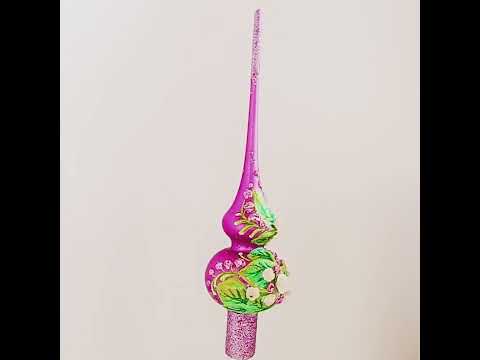 Dimensional Pink Roses on Purple Artisan Hand Crafted Mouth Blown Glass Christmas Tree Topper 11 Inches