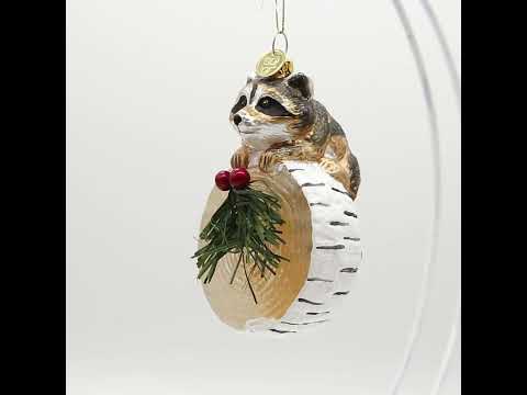 Curious Raccoon on the Log Blown Glass Christmas Ornament