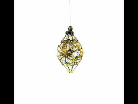 Rustic Teardrop with Gold Filigree Design with Elegant Sparkle Clear Glass Christmas Ornament