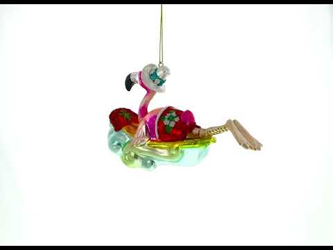 Stylish Pink Flamingo Riding a Surf Wave - Blown Glass Christmas Ornament