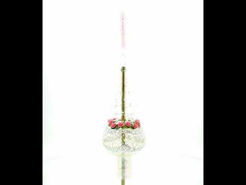 Dimensional Pink Roses on Silver Swirls and Clear Blown Glass Christmas Tree Topper 11 Inches