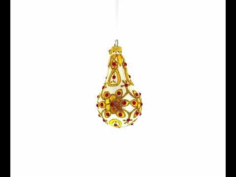 Red Jewels on Golden Leaves Waterdrop Glass Ornament