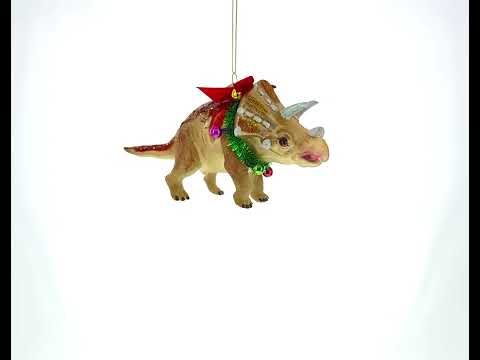 Prehistoric Dinosaur in Wreath - Blown Glass Christmas Ornament