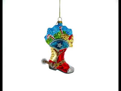 Western Charm: Cowboy Boot with Candy Canes - Blown Glass Christmas Ornament