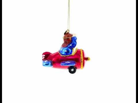 Pilot Santa in Airplane Blown Glass Christmas Ornament